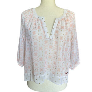 Hollister Floral Blouse Sheer Peasant Top Boho Pink White Relaxed Fit XS